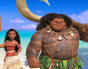 In "Moana," Walt Disney Animation Studios' upcoming big-screen adventure, a spirited teenager named Moana (left) sails out on a daring mission to prove herself a master wayfinder. Along the way, she meets once-mighty demi-god Maui (right). Featuring Native Hawaiian newcomer Auli'i Cravalho as the voice of Moana, and Dwayne Johnson as the voice of Maui, "Moana" sails into U.S. theaters on Nov. 23, 2016. ©2015 Disney. All Rights Reserved.